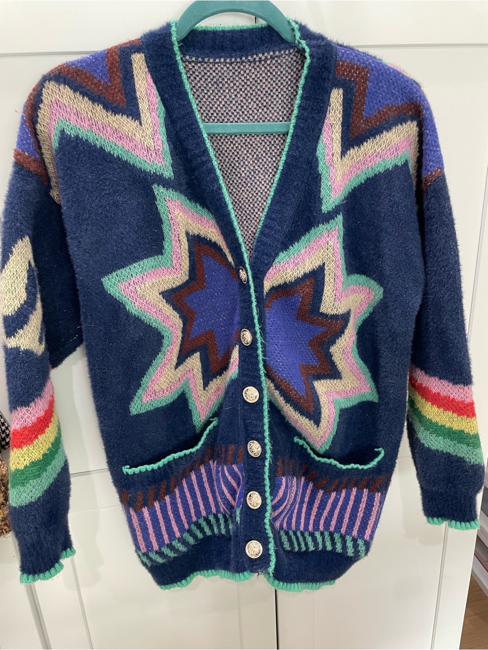 Women’s Navy Multicolor Star Pattern Cardigan Sweater